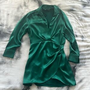 Zara Emerald green satin shirt dress